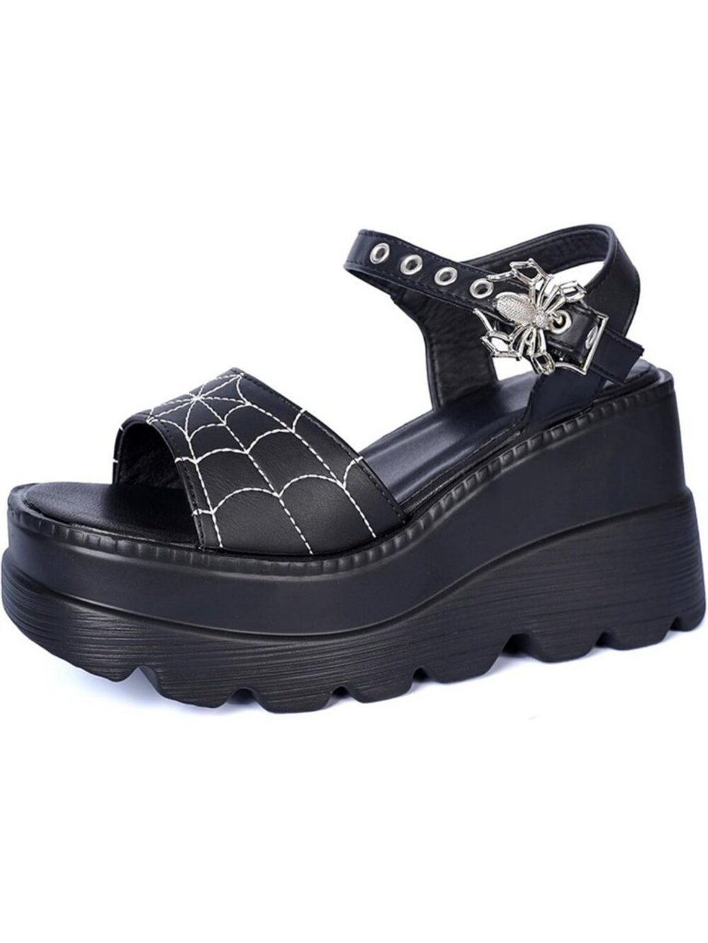 Gothic Black Platform Sandals for Women - Chunky Wedge Heel, Metallic Spider